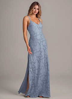 Azazie Aliza Bridesmaid Dresses Dusty Blue A-Line Floral Burnout Dress image3