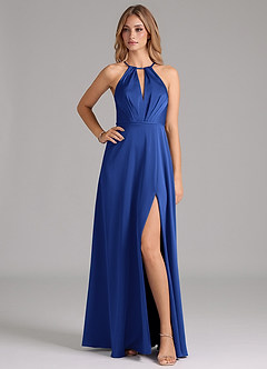 Azazie Evalleen Bridesmaid Dresses Royal Blue A-Line Pleated Stretch Satin Dress image1