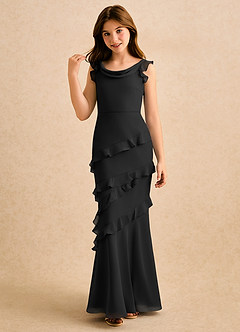 Azazie Aria Girls Formal Jurken voor bloemenmeisjes Zeemeermin Jurk van Chiffon Ruches Zwart image4