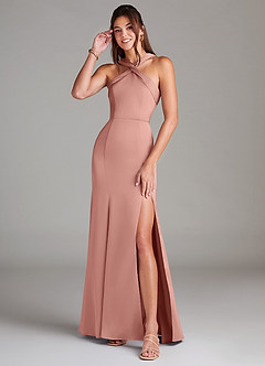 Azazie Rue Bridesmaid Dresses Rosette A-Line Pleated Stretch Satin Dress image1