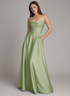 Azazie Meleena Bridesmaid Dresses Dusty Sage A-Line Strapless Stretch Satin Dress image1