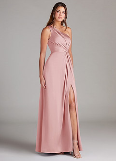 Azazie Brooke Bridesmaid Dresses Powder Pink A-Line One Shoulder Stretch Satin Dress image5