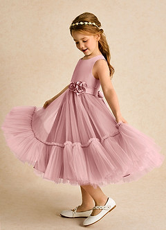 Azazie Miracle vestidos de niña de las flores Vestido Rosa Polvorienta de Satin Mate de Corte en A con Lazo image1