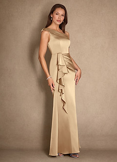 Azazie Hamptons Mother of the Bride Dresses Champagne A-Line Pleated Stretch Satin Dress image3