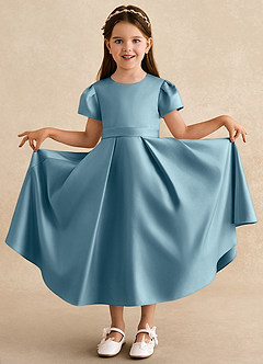 Azazie Princess Robe Demoiselle D'honneur Fillette Robe Trapèze en Mat Satiné Plissée Bleu Maussade image3