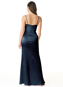 Azazie Sukia Bridesmaid Dresses Dark Navy Mermaid Pleated Metallic Satin Dress image2