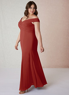 Azazie Lecia Bridesmaid Dresses Terracotta Empire Off-The-Shoulder Pleated Chiffon Convertible Dress image10