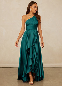 Christian Siriano Bridal for Azazie 1008 Bridesmaid Dresses Peacock A-Line One Shoulder Stretch Satin Dress image3