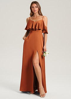 Azazie Jean Bridesmaid Dresses Cinnamon A-Line Off the Shoulder Stretch Satin Dress image3