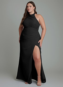 Azazie Jemma Vestidos de damas de honor Vestido Negro de Gasa de Corte Recto con Plisado image7
