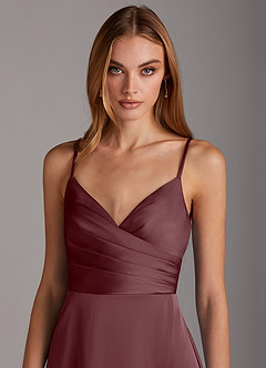 Azazie Calissa Bridesmaid Dresses Sangria A-Line V-Neck Pleated Stretch Satin Dress image5