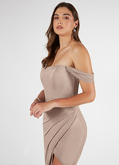 Azazie Kit Bridesmaid Dresses Taupe Mermaid Off the Shoulder Mesh Dress image5