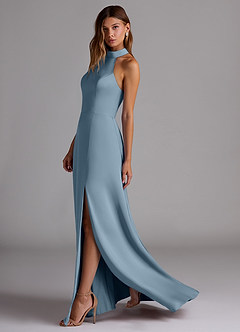 Azazie Myra Bridesmaid Dresses Dusty Blue A-Line Side Slit Stretch Satin Dress image5