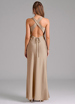Azazie Evadne Bridesmaid Dresses Taupe A-Line Pleated Stretch Satin Dress image2