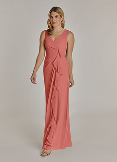 Azazie Manuella Mère de la mariée Robes Robe Trapèze en Mousseline de soie Col V plissé Rose Saumon image5