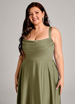 Azazie Shaude Bridesmaid Dresses Pistachio A-Line Pleated Stretch Satin Dress image9
