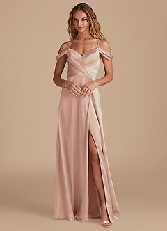 Azazie Ocean At-home Try On Dresses Auburn A-Line Off the Shoulder Metallic Satin Dress image1