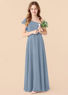 Azazie Arabella Junior Dusty Blue A-Line Ruched Chiffon Dress image3