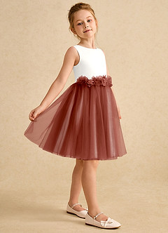 Azazie Louisa Blumenmädchenkleider A-Linie ärmellos Tüll Kleid Elfenbein Kastanienbraun image5