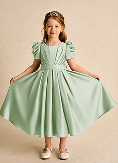 Azazie Miriam Abiti da Ragazza di Fiori Abito Principessa in Raso Opaco Plissettato Verde Salvia image5