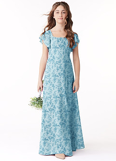 Azazie Bondi Junior Blue Fern Floral A-Line Bow Chiffon Dress image2