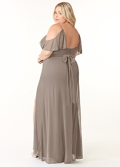 Azazie Fiena Final Sale Taupe A-Line V-neck Ruched Mesh Dress image10