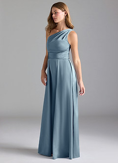 Azazie Dallas Jurken voor bruidsmeisjes Jurk van Stretch Satijn met A-Lijn One-Shoulder Stoffig Blauw image5