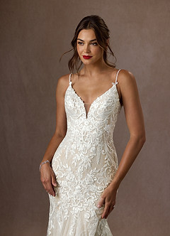 Azazie Camlynn Wedding Dresses Diamond White Champagne Mermaid V-Neck Sequins Tulle Dress image5