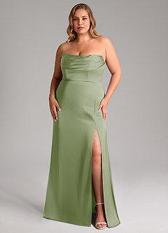 Azazie Saige Bridesmaid Dresses Dusty Sage Sheath Off the Shoulder Stretch Satin Dress image16