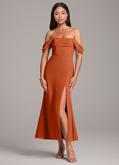 Azazie Saige Bridesmaid Dresses Burnt Orange Sheath Off the Shoulder Chiffon Convertible Dress image1