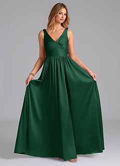Azazie Keyla Bridesmaid Dresses Dark Green A-Line Pleated Stretch Satin Dress image4