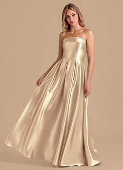 Azazie Lucienne Bridesmaid Dresses Gold A-Line Pleated Metallic Satin Dress image1