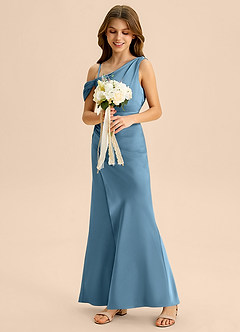 Azazie Madelyn Junior Osłona Zza ramienia Satyna elastyczna Długość podłogi Młodsza druhna Sukienka image5