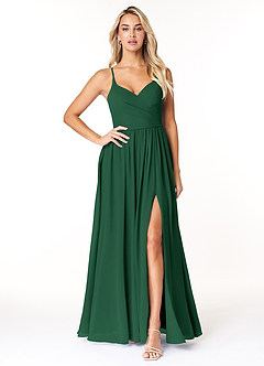 Azazie Dominic Bridesmaid Dresses Dark Green A-Line V-Neck Pleated Chiffon Dress image1
