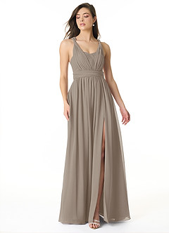 Azazie Olani Bridesmaid Dresses Taupe A-Line Off the Shoulder Chiffon Convertible Dress image1