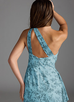 Azazie Maive Bridesmaid Dresses Blue Fern Floral Sheath Pleated Ruffle Chiffon Dress image2