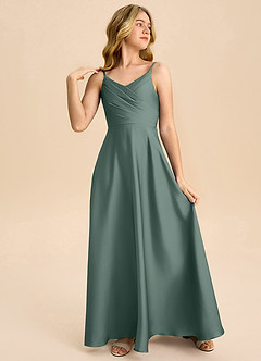Azazie Bug Junior Sea Moss A-Line Pleated Stretch Satin Dress image4