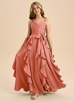 Azazie Peyton Junior Robe Trapèze en Satin extensible Plissée Rose Saumon image5