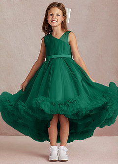 Azazie Lottie vestidos de niña de las flores Vestido de Esmeralda de Satén de Corte En A con Hombro unilateral image1