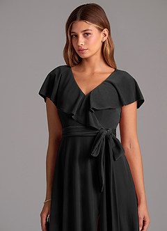Azazie Lainey At-home Try On Dresses Black A-Line Ruched Velvet Dress image2
