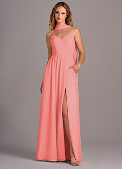 Azazie Joni Bridesmaid Dresses Coral A-Line Strapless Chiffon Convertible Dress image1