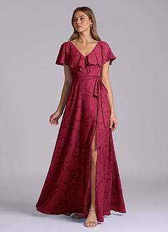 Azazie Lainey Bridesmaid Dresses Burgundy A-Line with Pockets Floral Burnout Dress image5