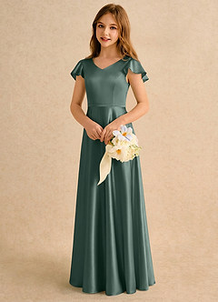 Azazie Nari Girls Formal Final Sale Blushing Pink A-Line with Sleeves Stretch Satin Dress image4