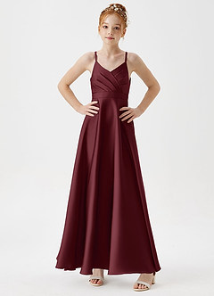 Azazie Avelina Junior Cabernet A-Line Pleated Stretch Satin Dress image3