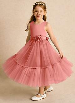 Azazie Miracle vestidos de niña de las flores Vestido Rosa Salmón de Satin Mate de Línea A con Lazo image4