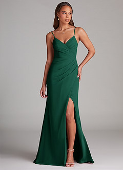 Azazie Maci Bridesmaid Dresses Emerald Sheath Pleated Chiffon Dress image1