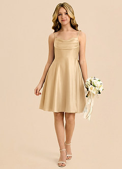 Azazie Bear Junior Robe Trapèze en Satin extensible Encolure en Forme de Cœur Or image1