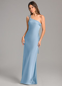 Azazie Monroe Bridesmaid Dresses Powder Blue Mermaid One Shoulder Stretch Satin Dress image3