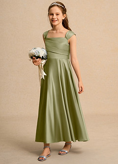 Azazie Bundle Girls Formal Flower Girl Dresses Moss Green A-Line Pleated Matte Satin Dress image5