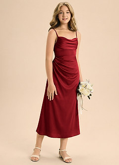 Azazie Mai Junior Osłona Pofałdowany Satyna elastyczna Długość herbaty Młodsza druhna Sukienka image5